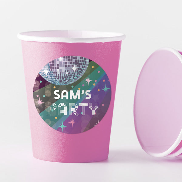 Glitter Ball Disco Party - Pink Cups and Round Stickers - Pack of 8