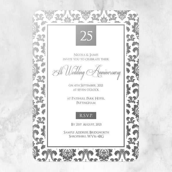 25th Foil Wedding Anniversary Invitations - Damask Frame