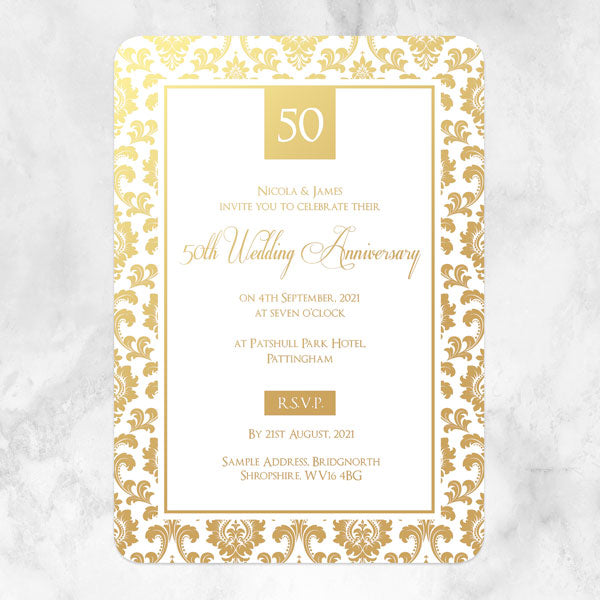 50th Foil Wedding Anniversary Invitations - Damask Frame