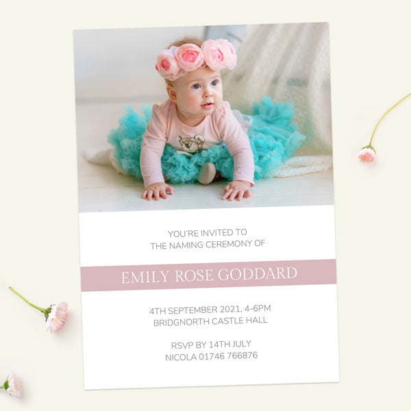 Naming Ceremony Invitations - Dusky Pink Photo Typography - Pack of 10