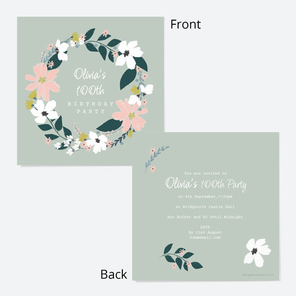 100th Birthday Invitations - Blush Modern Floral - Wreath - Pack of 10