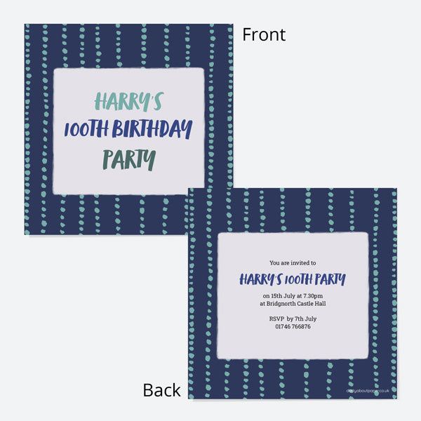 100th Birthday Invitations - Navy Brushstroke Typography - Pack of 10
