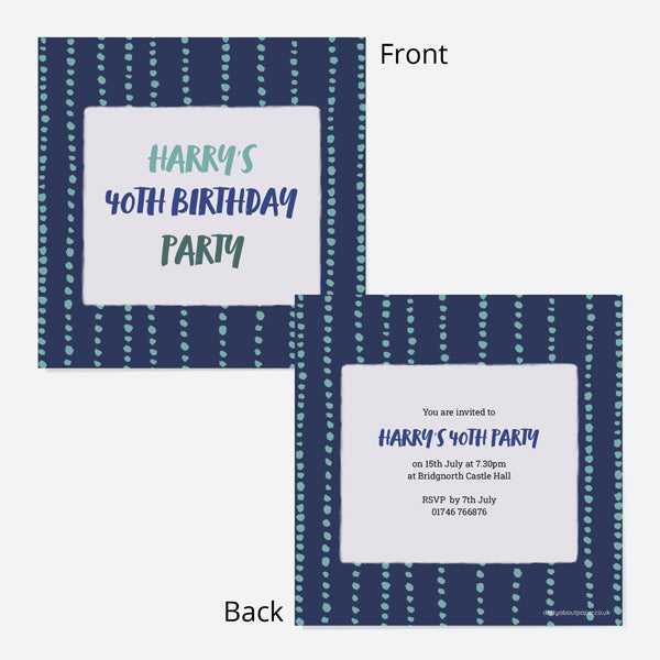 40th Birthday Invitations - Navy Brushstroke Typography - Pack of 10