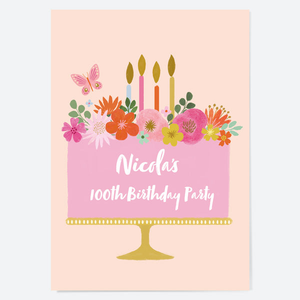 100th Birthday Invitations - Beautiful Blooms Cake - Pack of 10