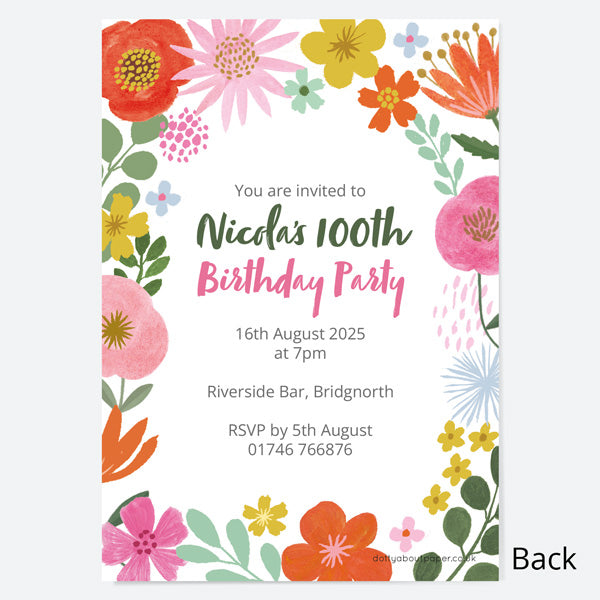 100th Birthday Invitations - Beautiful Blooms Cake - Pack of 10