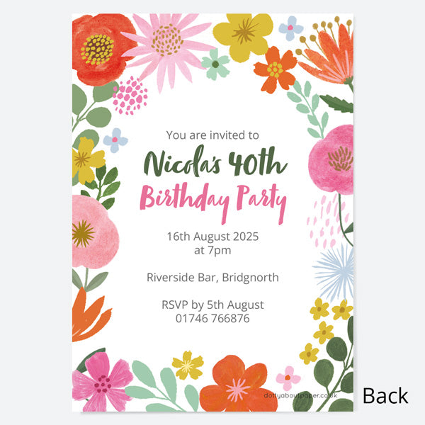 40th Birthday Invitations - Beautiful Blooms Cake - Pack of 10