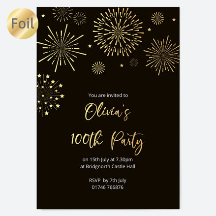 100th Birthday Invitations - Gold Deluxe - Black Fireworks - Pack of 10