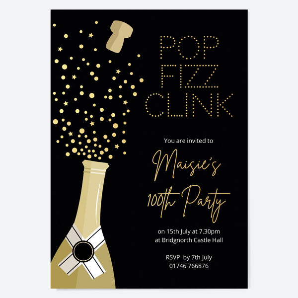 100th Birthday Invitations - Gold Deluxe - Champagne Fizz - Pack of 10