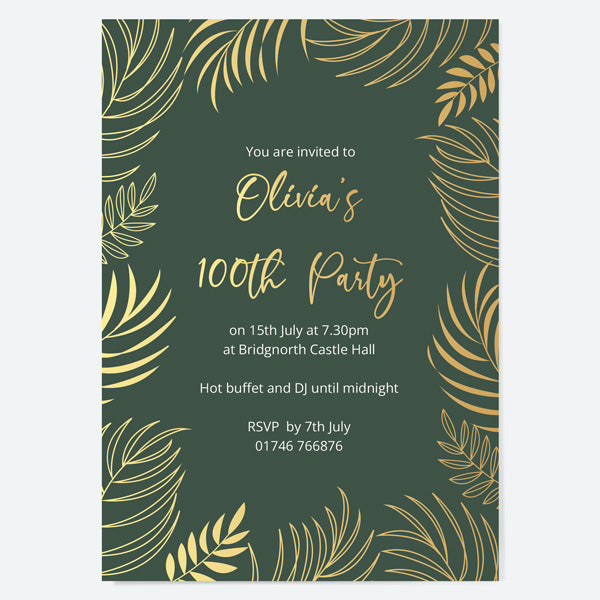 100th Birthday Invitations - Gold Deluxe - Green Leaf Border - Pack of 10