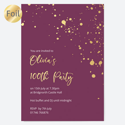 100th Birthday Invitations - Gold Deluxe - Mauve Paint Splash - Pack of 10