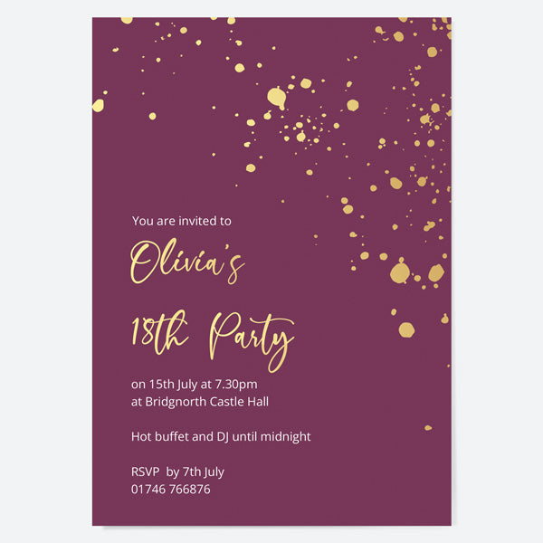 18th Birthday Invitations - Gold Deluxe - Mauve Paint Splash - Pack of 10