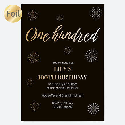100th Birthday Invitations - Gold Deluxe - Script Typography - Pack of 10