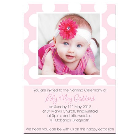 Naming Ceremony Invitations - Pink Polka Dot Use Own Photo - Pack of 10