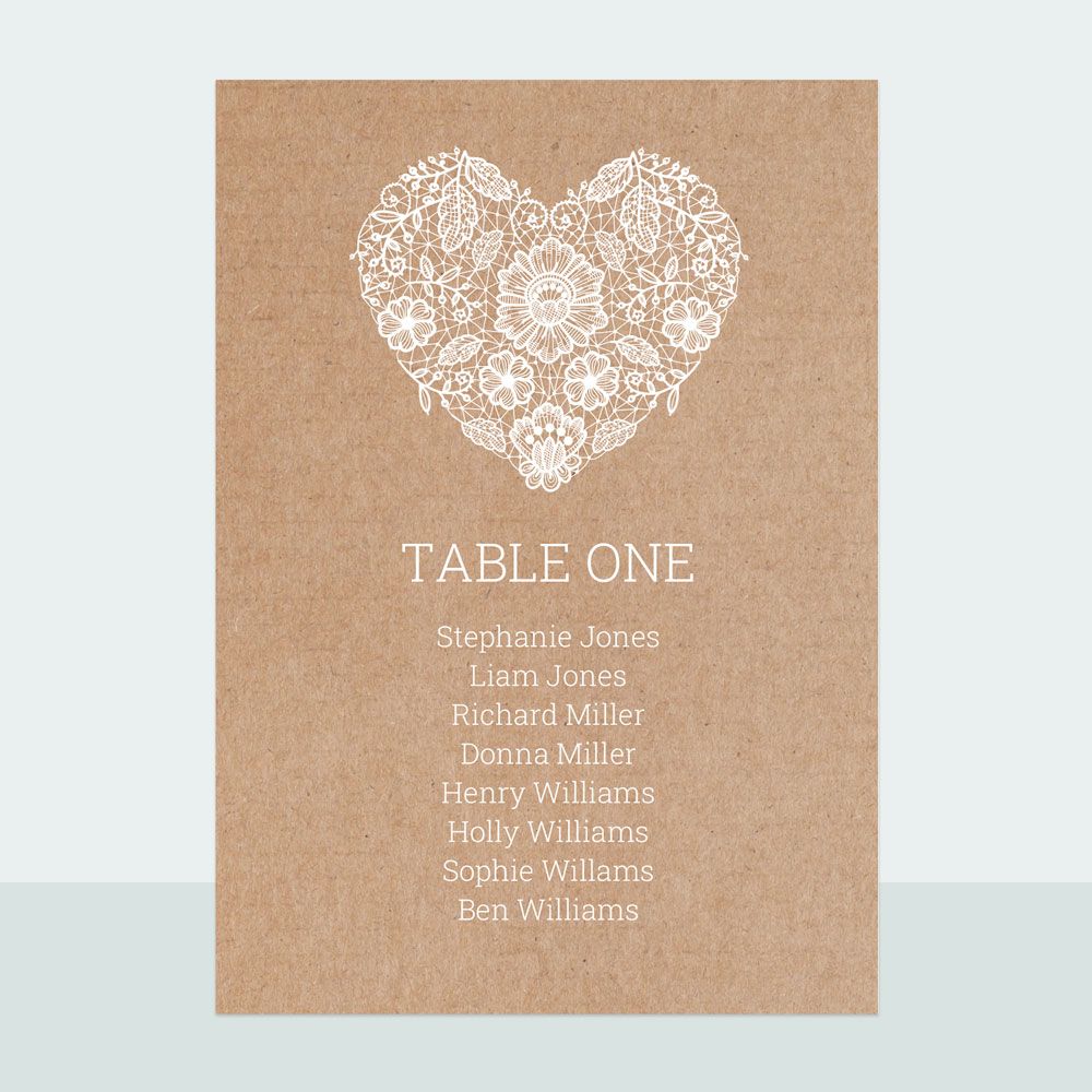 Rustic Lace Heart - Table Plan Cards