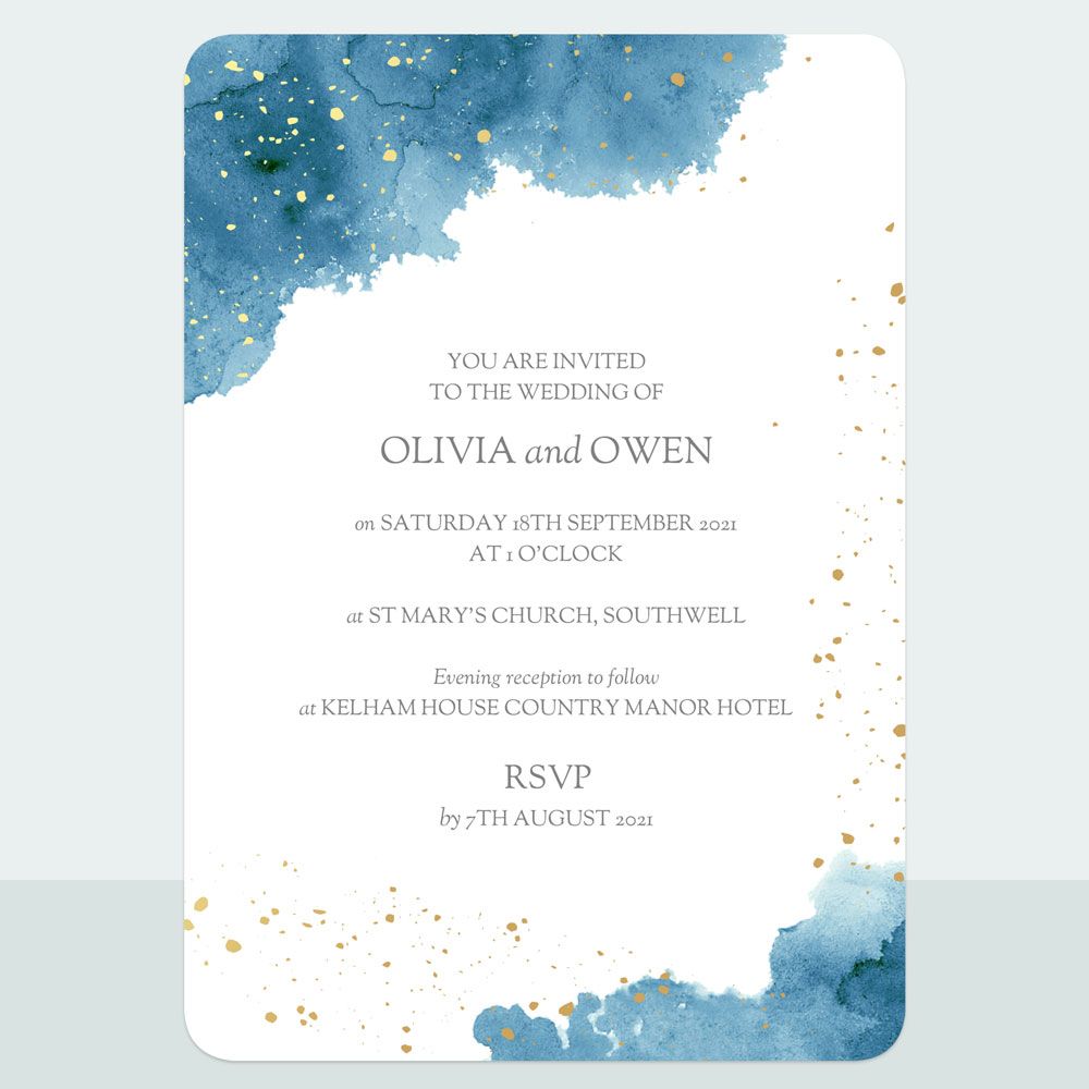 Blue Inkwash - Foil Wedding Invitation & Information Card Suite