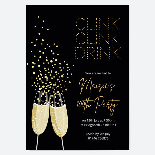 100th Birthday Invitations - Gold Deluxe - Champagne Cheers - Pack of 10