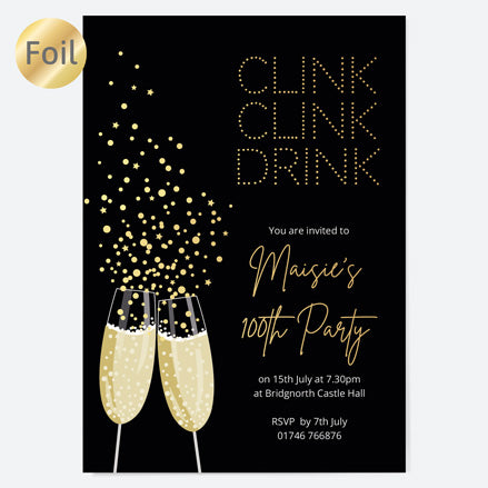 100th Birthday Invitations - Gold Deluxe - Champagne Cheers - Pack of 10