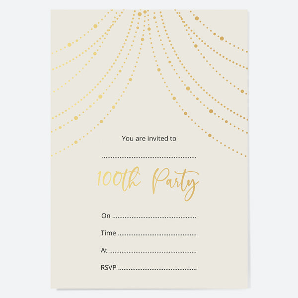 100th Birthday Invitations - Gold Deluxe - Neutral Festoon Lights - Pack of 10