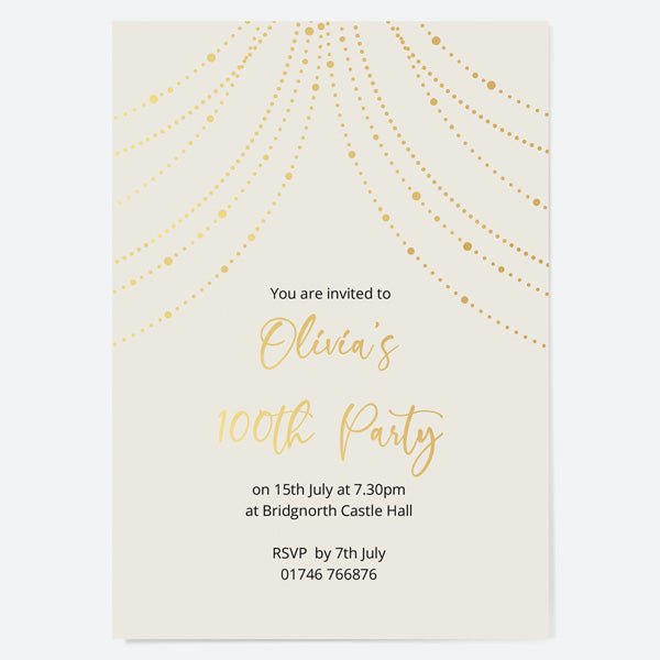 100th Birthday Invitations - Gold Deluxe - Neutral Festoon Lights - Pack of 10
