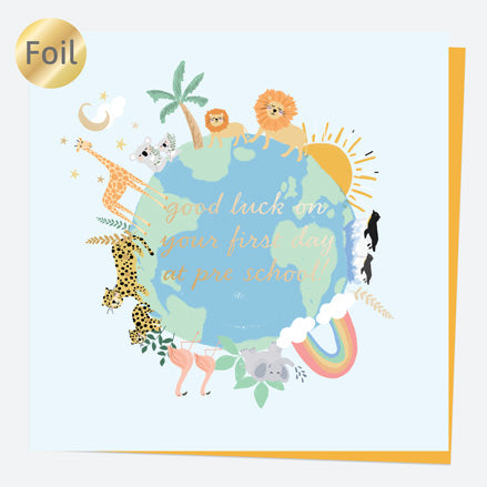 Luxury Foil Good Luck Card - Animal World - First Day At Pre-School