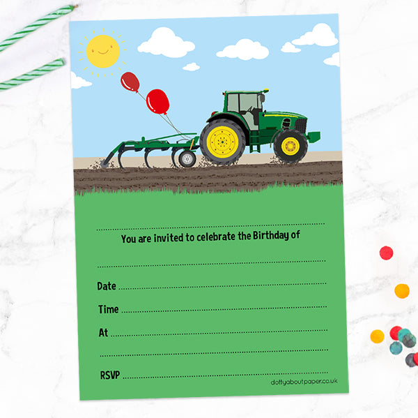 Ready To Write Kids Birthday Invitations - Green Farm Tractor - Pack of 10