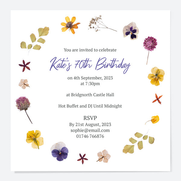 70th Birthday Invitations - Pressed Flowers - Pack of 10