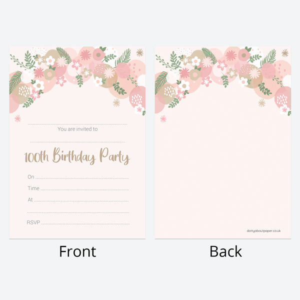100th Birthday Invitations - Botanical Balloon Arch - Pack of 10