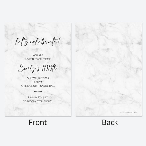 100th Birthday Invitations - Grey Marble - Pack of 10