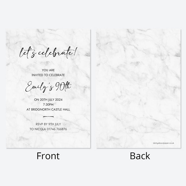 90th Birthday Invitations - Grey Marble - Pack of 10