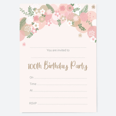 100th Birthday Invitations - Botanical Balloon Arch - Pack of 10