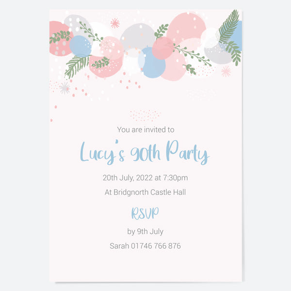 90th Birthday Invitations - Botanical Balloon Arch - Pack of 10