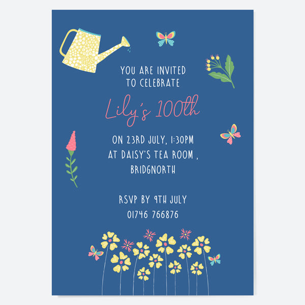100th Birthday Invitations - Ditsy Brights Watering Can - Pack of 10