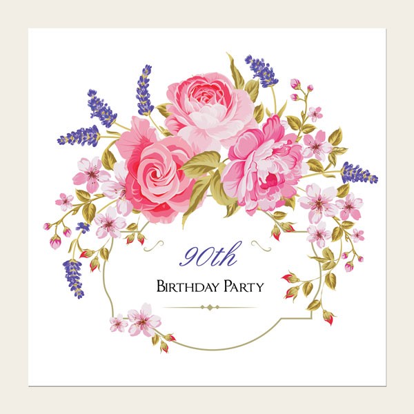 90th Birthday Invitations - Rose & Lavender Border - Pack of 10