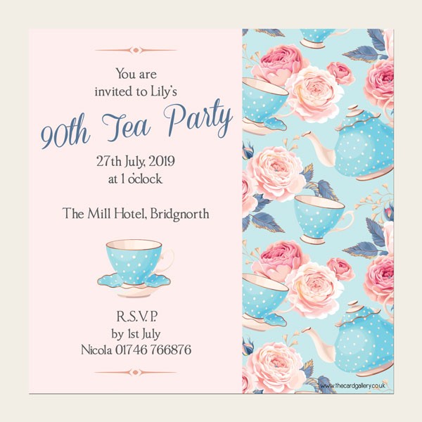 90th Birthday Invitations - Teapots & Roses - Pack of 10