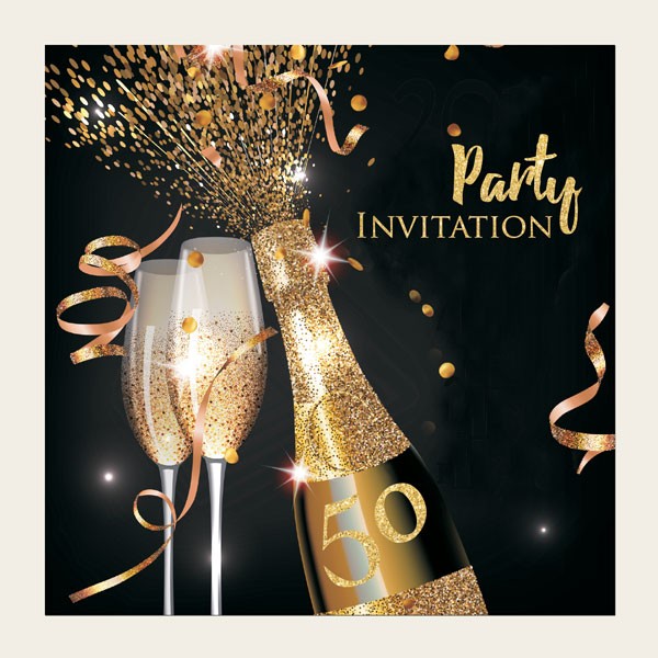 50th Party Invitations - Gold Sparkle Champagne - Pack of 10