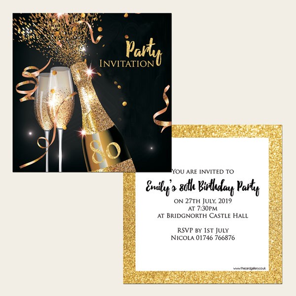 80th Party Invitations - Gold Sparkle Champagne - Pack of 10