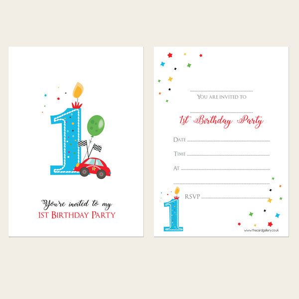 Ready To Write Kids Invitations - Boys 1st Birthday Cars - Pack of 10