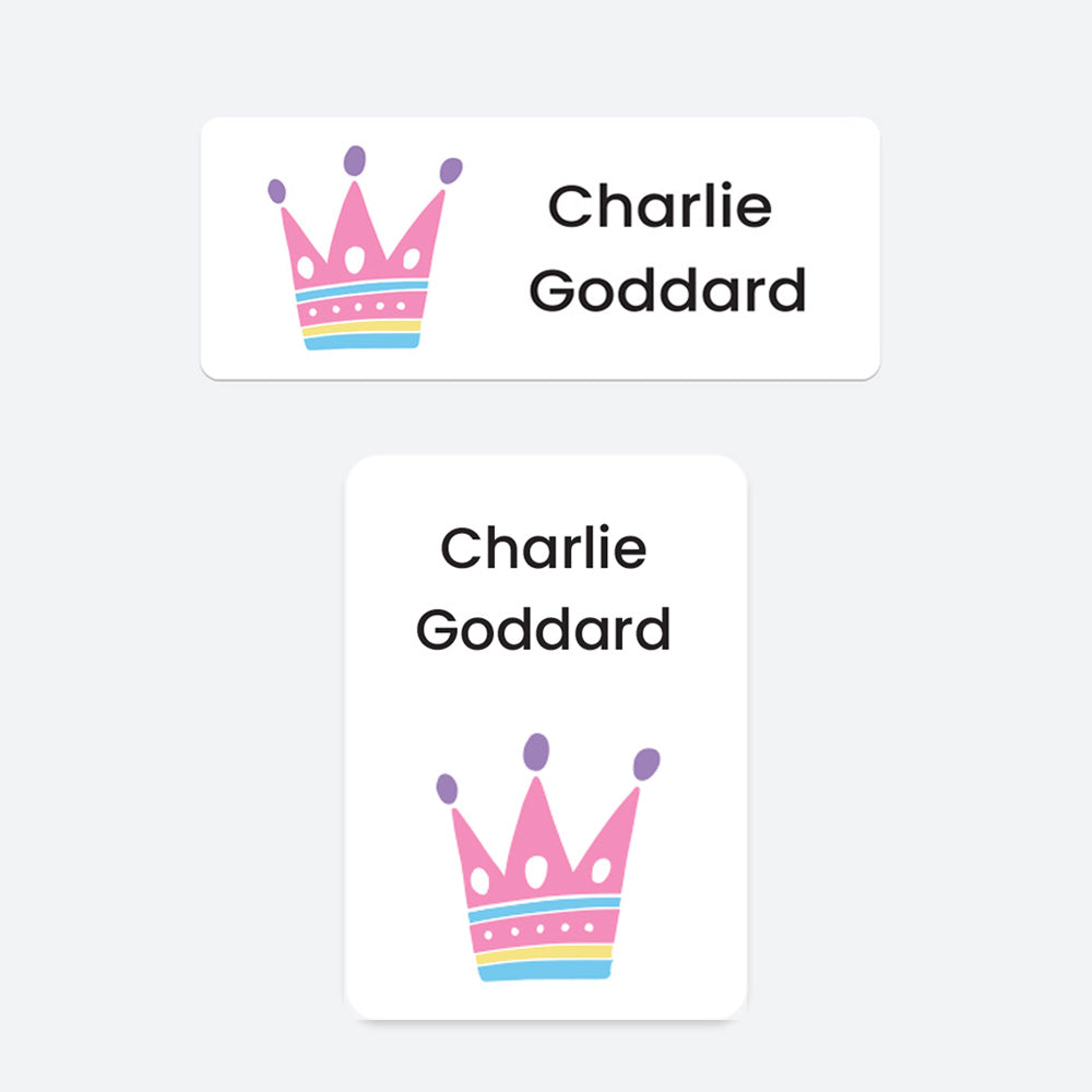 Name Labels Pack - Personalised Stick-On Waterproof Name Labels - Princess Crown - Pack of 86 (SFP)