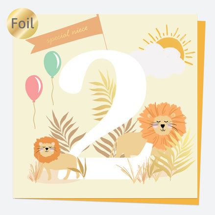 Luxury Foil Niece Birthday Card - Animal World - Lion - 2nd Birthday