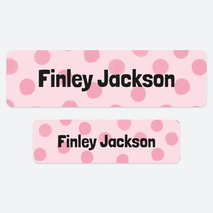 No Iron Personalised Stick On Waterproof (Clothing/Equipment) Name Labels - Doodle Spots Pink - Pack of 50