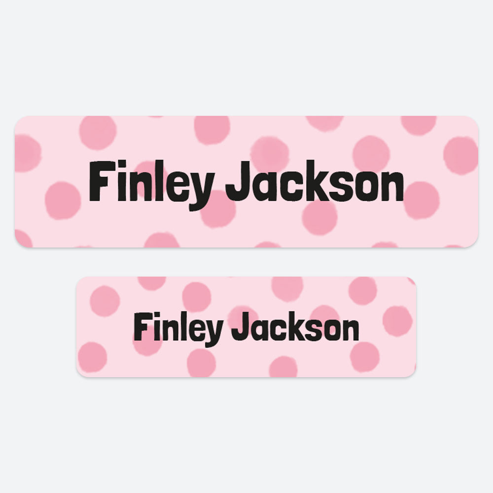 No Iron Personalised Stick On Waterproof (Clothing/Equipment) Name Labels - Doodle Spots Pink - Pack of 50