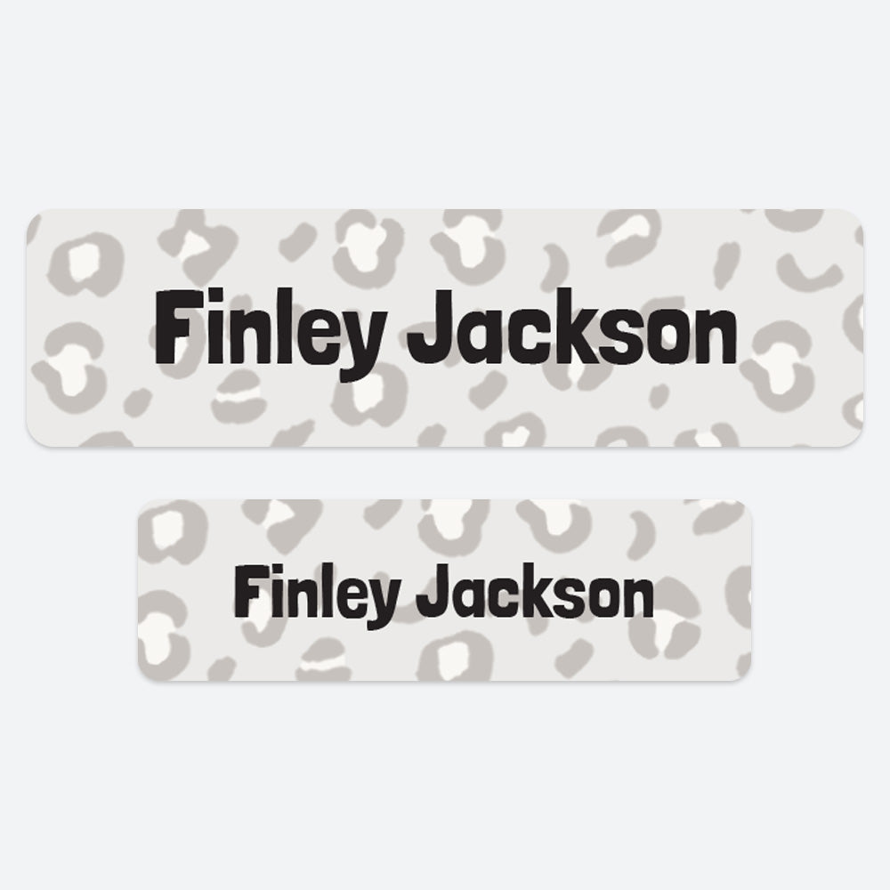 No Iron Personalised Stick On Waterproof (Clothing/Equipment) Name Labels - Leopard Spots Grey - Pack of 50