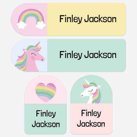 No Iron Personalised Stick On Waterproof (Clothing/Equipment) Name Labels - Pastel Unicorns & Rainbows - Pack of 50