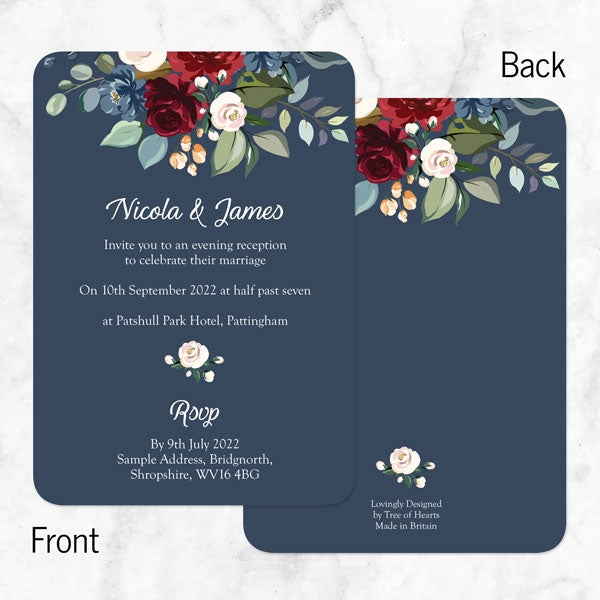 Navy Jewel Flowers Evening Invitation