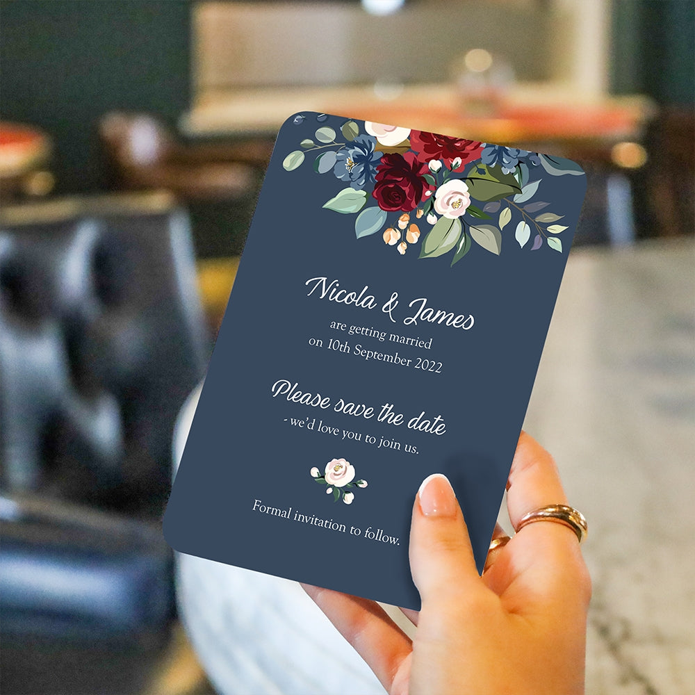 Navy Jewel Flowers Save the Date Cards