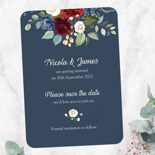 Navy Jewel Flowers Save the Date Cards