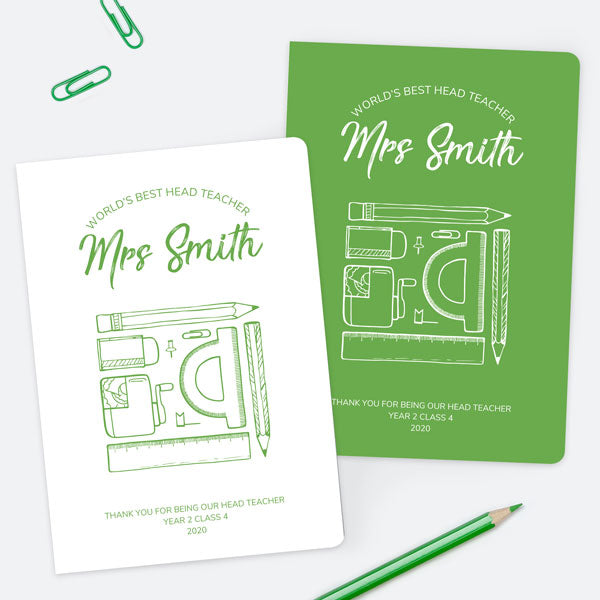 Neat Stationery Collage - Green - Personalised A5 Exercise Books - Pack of 2