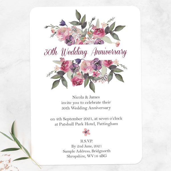 30th Wedding Anniversary Invitations - Painted Flowers