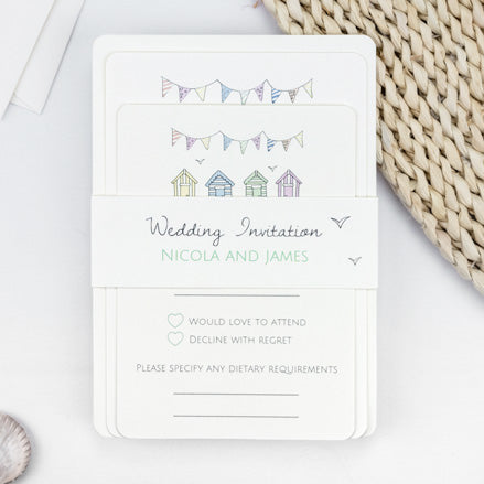 Pastel Bunting & Beach Huts - Boutique Wedding Invitation & RSVP