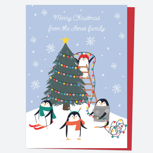 Personalised Christmas Cards - Snow Fun - Penguin Family - Pack of 10